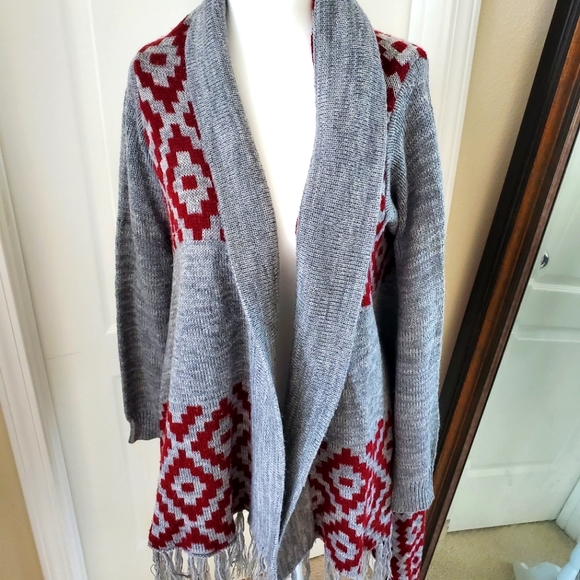 Women's Red and grey Aztec design loose tassel long open front cardigan sweater - Picture 1 of 3